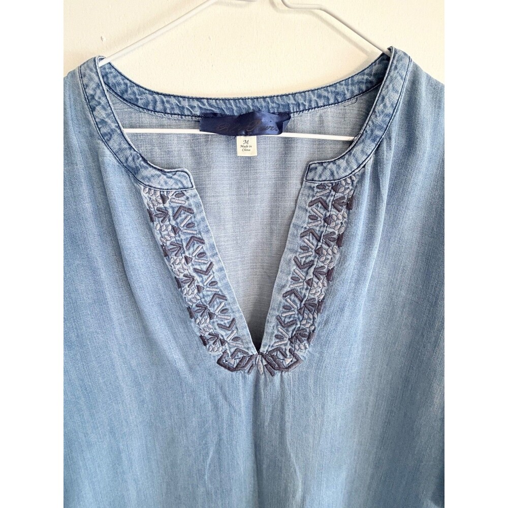 Blue Rain Chambray Tunic Dress Medium Blue Tencel Embroidered V-Neck Pockets Boh - Picture 4 of 11